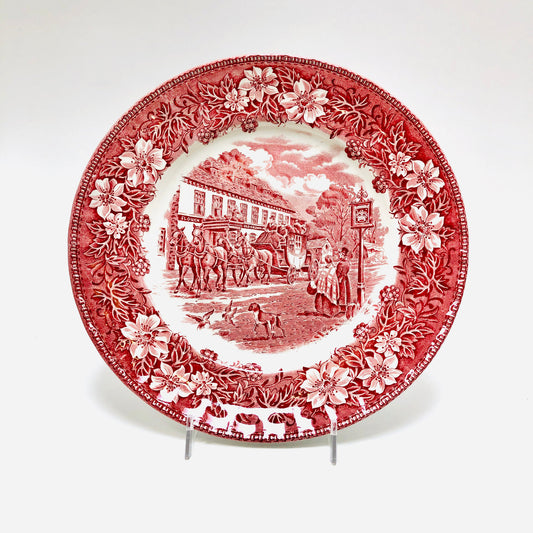 Royal Tudorware, Dinner Plate, 8.75" Wide, Red, Pink, Vintage, Horses, Tavern, Coach, Old-fashioned